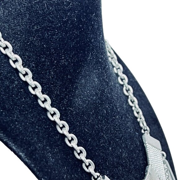 Silver Tone Statement Necklace W/Blue/Green Cabochon And Dangling Fringe (5533) - Picture 4 of 6